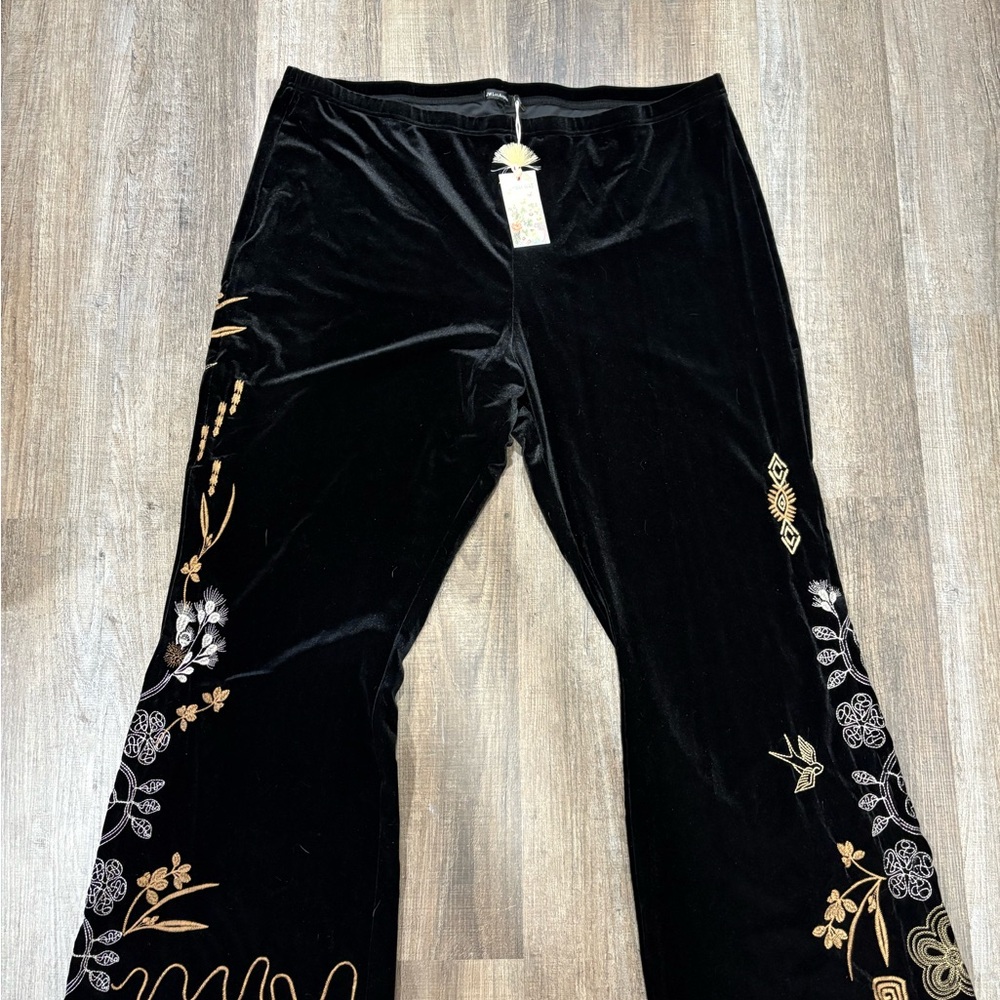 NWT Johnny Was Black Velvet Pants with Gold Embroidery